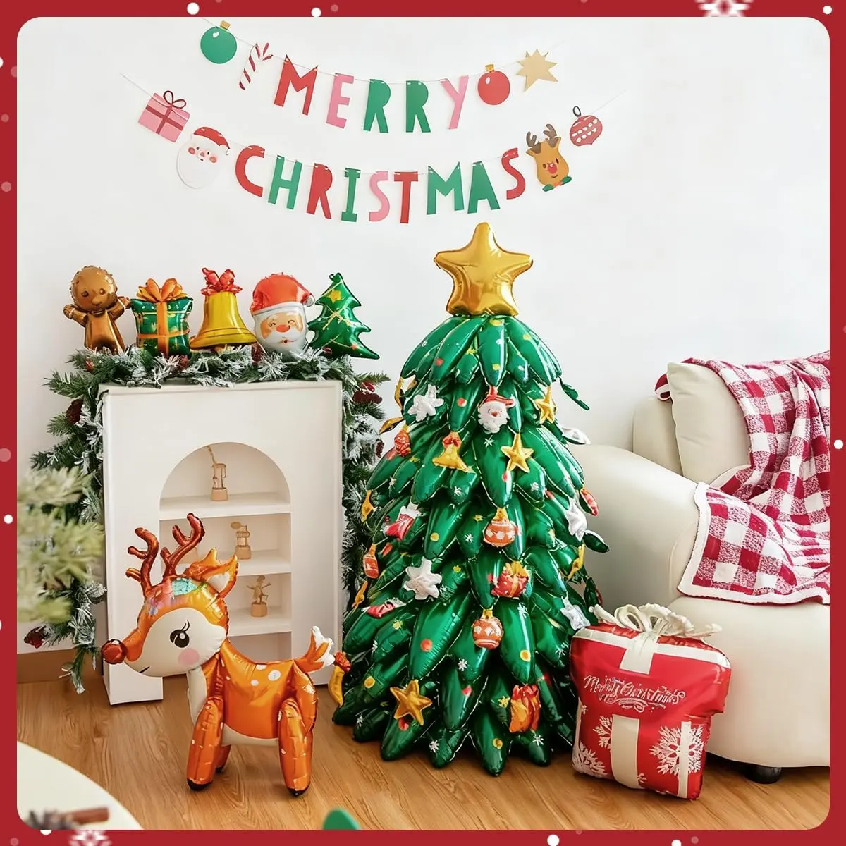 [5 in 1] Clearance Christmas Decor Set Foil Balloons Decoration, Mylar Balloons with Xmas Tree, Xmas Banner, Reindeer, Red  Box with Air Pump & String for Christmas Party
