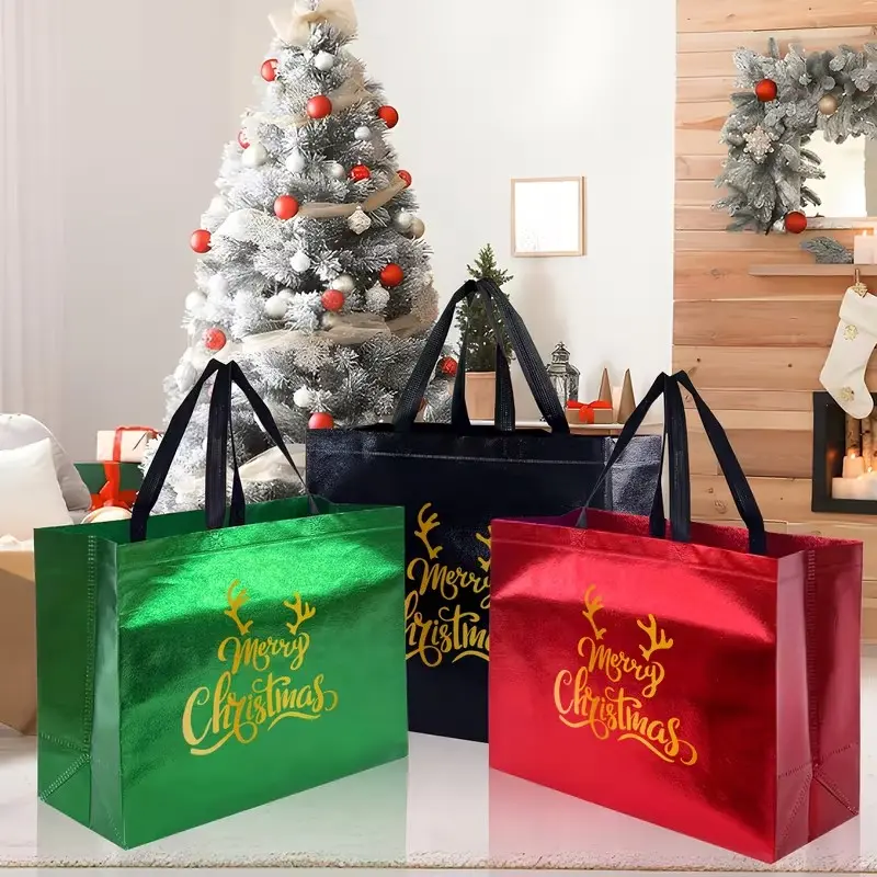 12Pcs Glossy Christmas Non-Woven Tote Bags, Large Metallic Holiday Gift Bags with Handles, Reusable Xmas Party Favor Bags with Gold Foil Deer Antlers