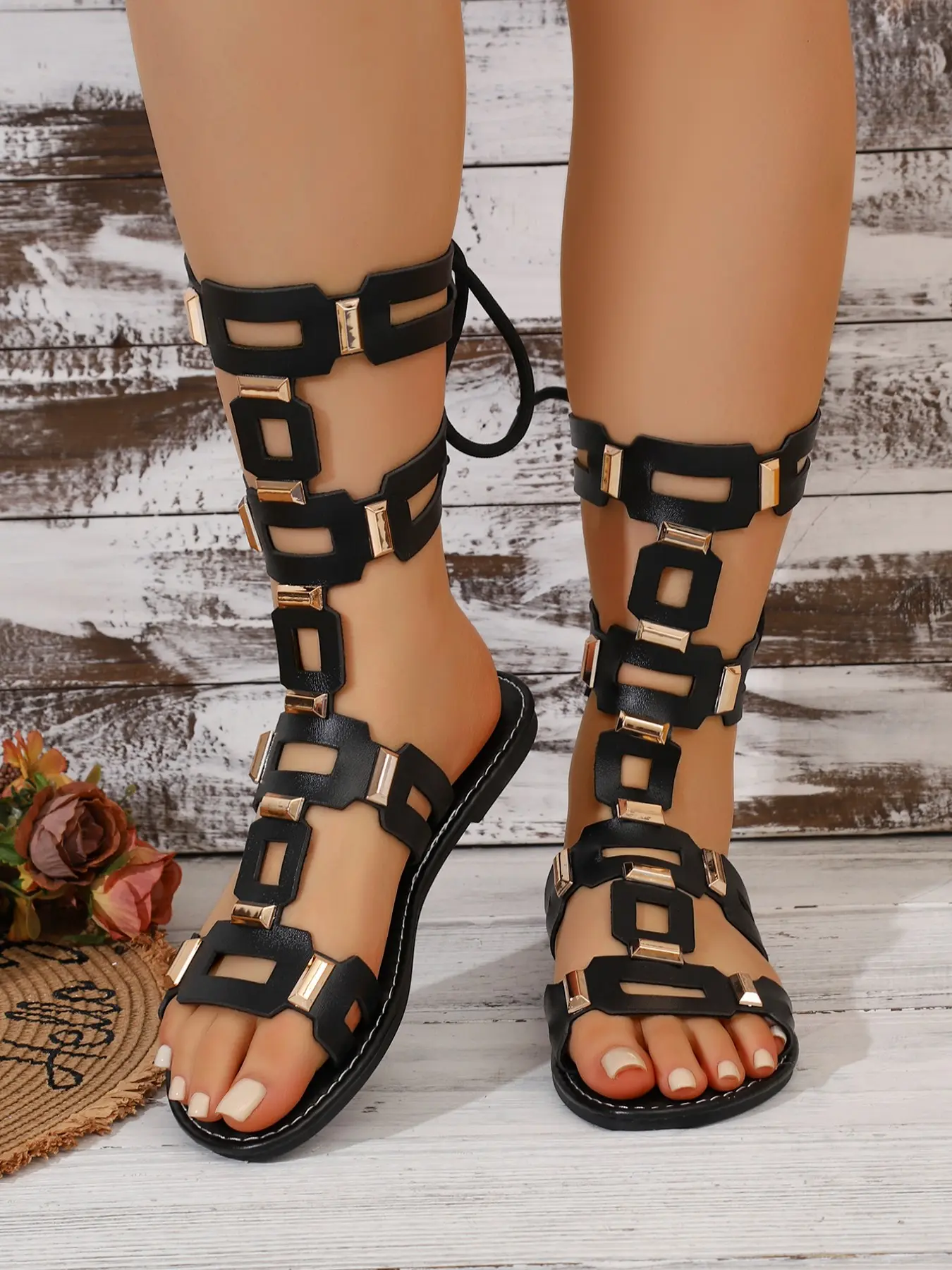 Women's Multi-Color Hollow Out Metal Accent Gladiator Sandals, Summer Flat Open-Toe Strap High-Ankle Roman Sandals, Street Style, Casual Fashion Sandals