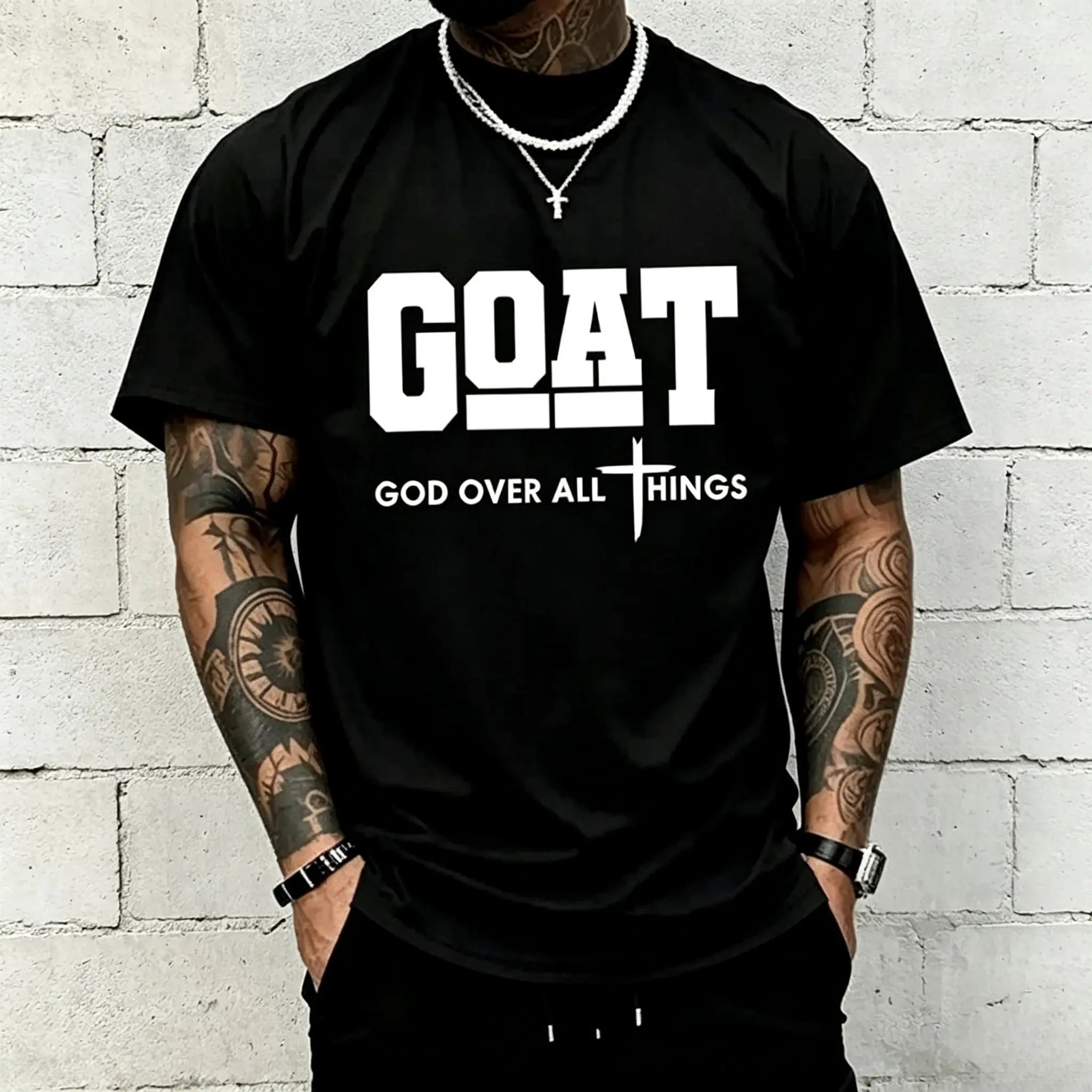 Male Loose Fit Christian Theme Graphic Print Short Sleeves T-Shirt, Casual Streetwear Clothes for Sports & Outdoor Activities
