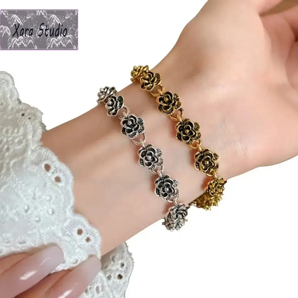 Vintage Couple Bracelet, Old Money Aesthetic Rose Charm Bracelet, Antique Gold & Silver Adjustable Wristband, Retro Buckle Jewelry, Unisex Matching Bracelet for Men Women, Anniversary Gift & Everyday Wear