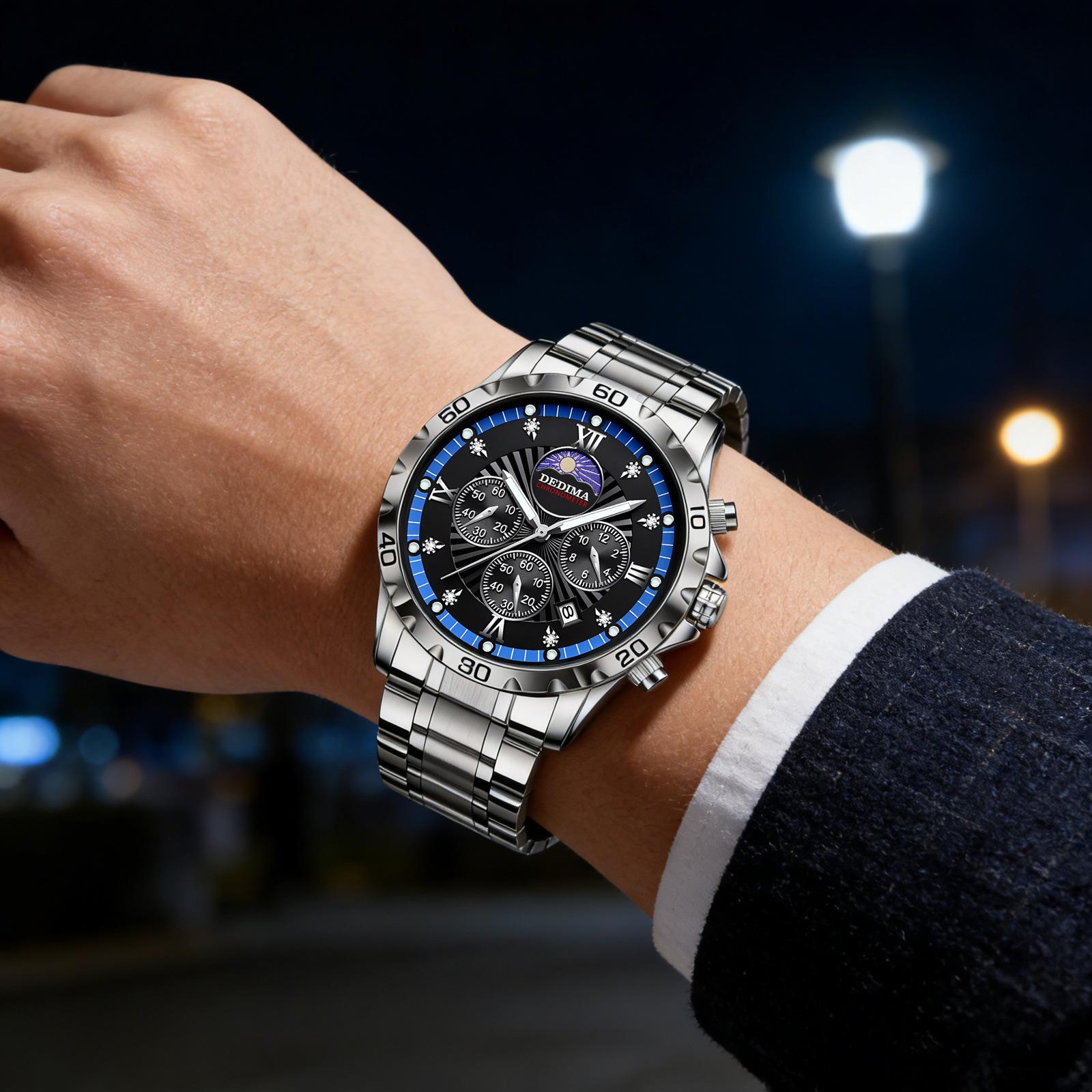 Men's Quartz Watch PE903 Movement 42mm Dial Luminous Display Calendar Moon Phase 30M Waterproof Stainless Steel Strap Business Style Hot-Selling Item