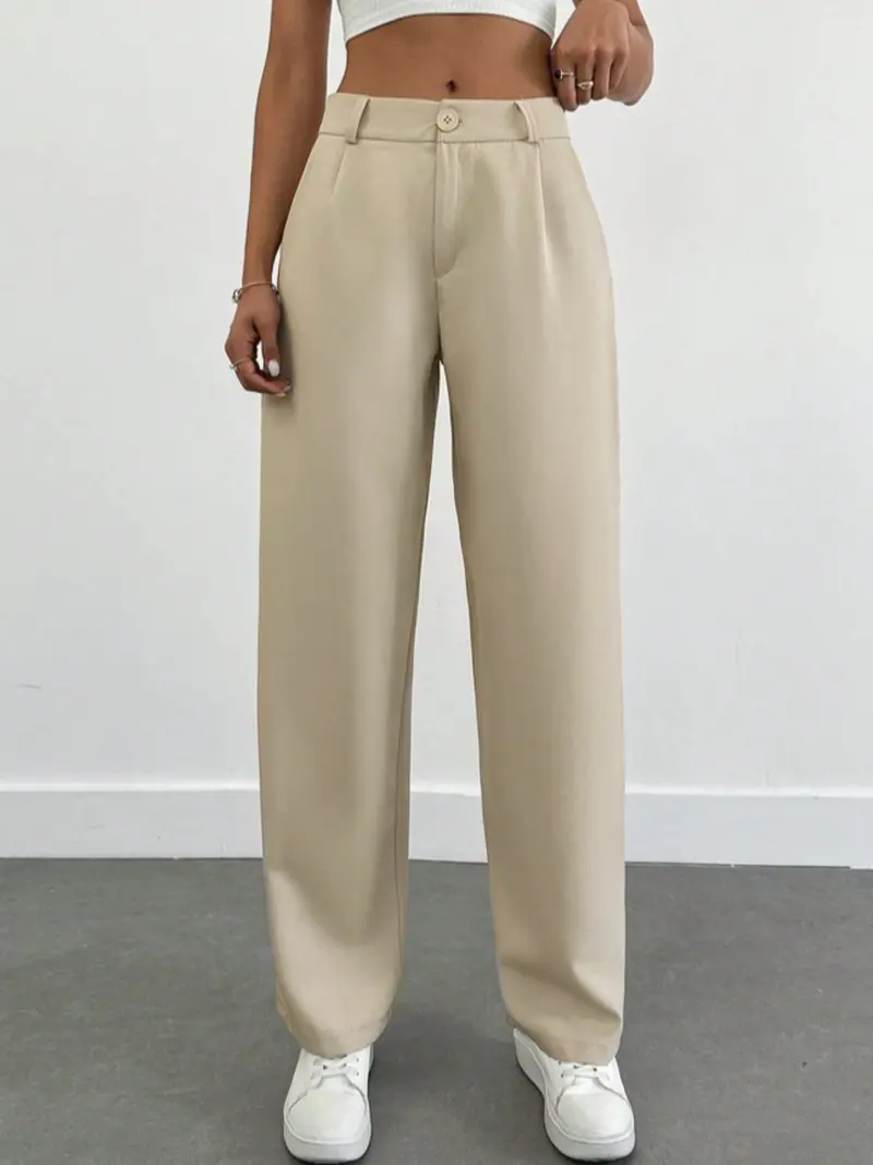 Women's High Waist Straight Leg Pants, Elegant Solid Color Zipper Closure, No Stretch Fabric, Casual & Formal Wear