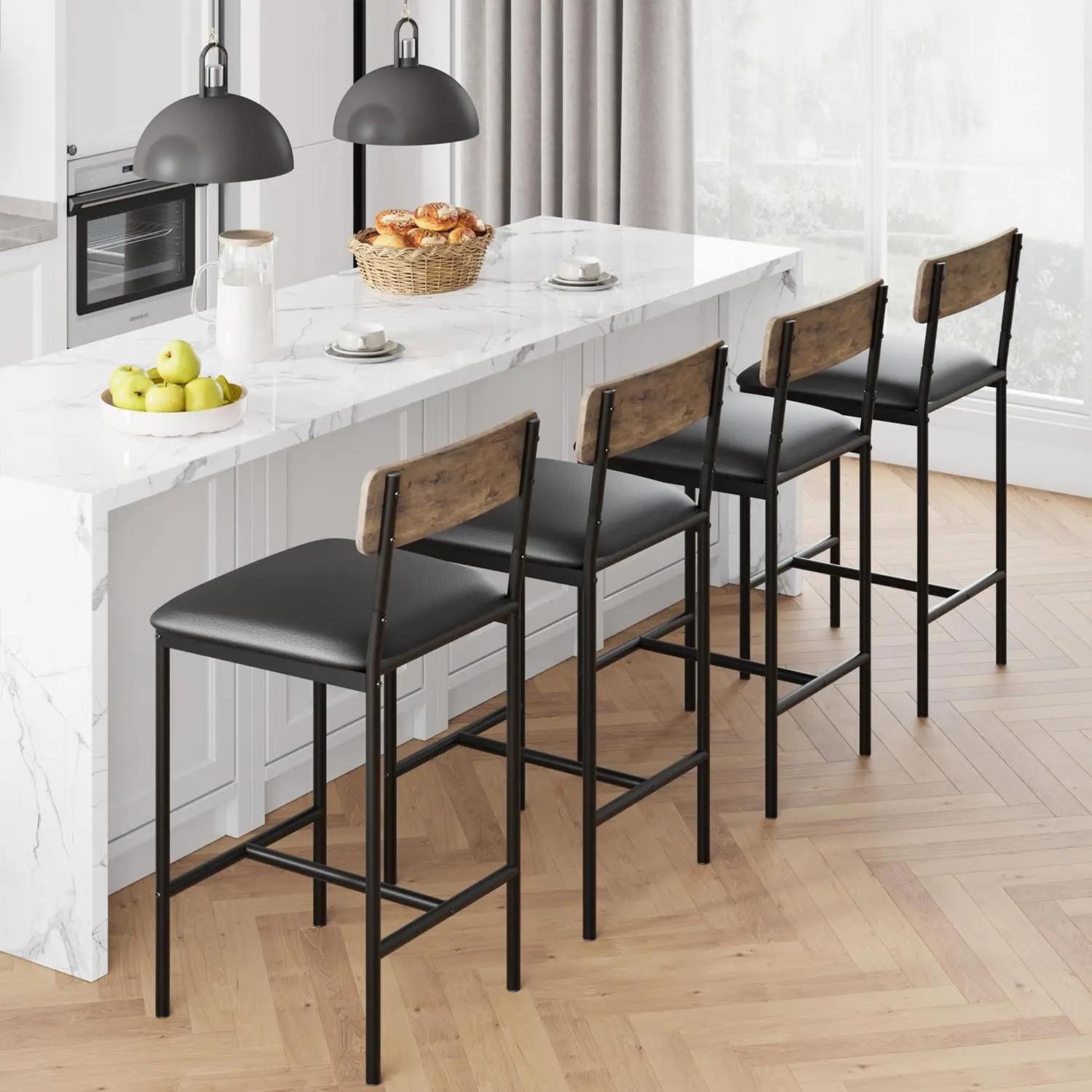 Set of 4 Bar Stools – 65cm Counter Height Dining Chairs – Upholstered Black Faux Leather, Sturdy Metal Legs, Ergonomic Backrest & Footrest – Modern Minimalist Design, Easy to Assemble, Ideal for Kitchen Island or Home Bar (Only Chair)