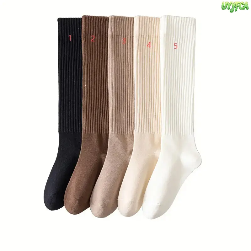 5 Pairs Trendy Earth Tone Vertical Ribbed Knee High Socks for Women, Soft Cotton Blend Slouchy Calf Socks with Non Slip Cuff, Warm Breathable Slimming Casual Footwear for Daily Office Winter Boots School Loungewear Street Style,sporty swimsuits women