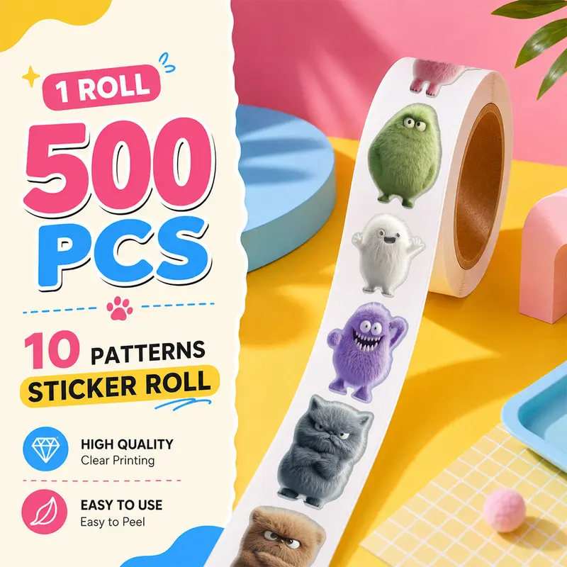 500PCS/Roll Fluffy plush toy Sticker Roll, 10 Designs Aesthetic Decorative Sticker Tape, Self Adhesive Journaling Stickers for Notebook, Laptop, Phone Case and Daily Decoration