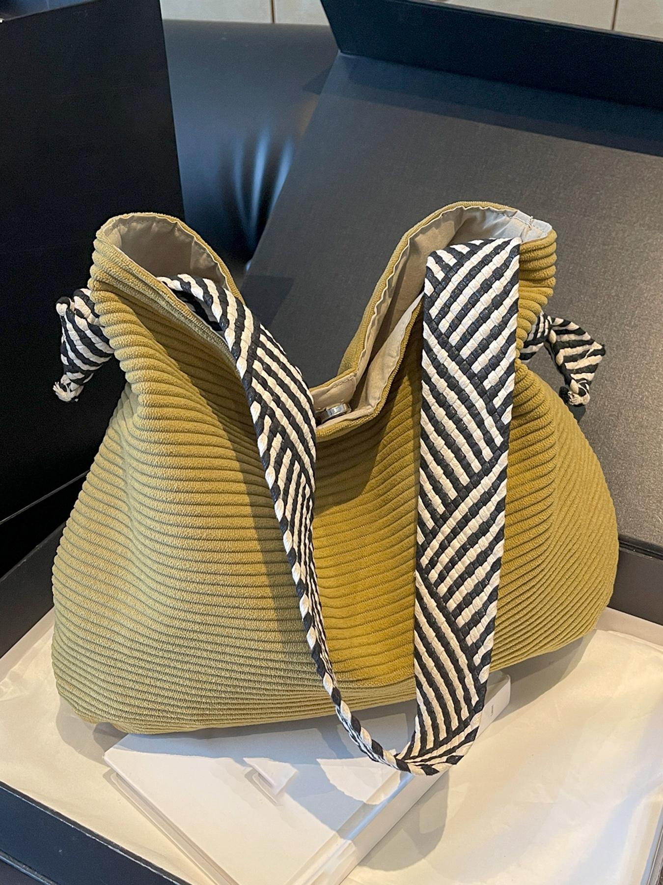 Tote shoulder underarm bag large capacity cloth bag crossbody commuter tote bag, with black and white striped wide shoulder strap, Casual lightweight bag, Crossbody shoulder bags, suitable for daily commuting office workers student party