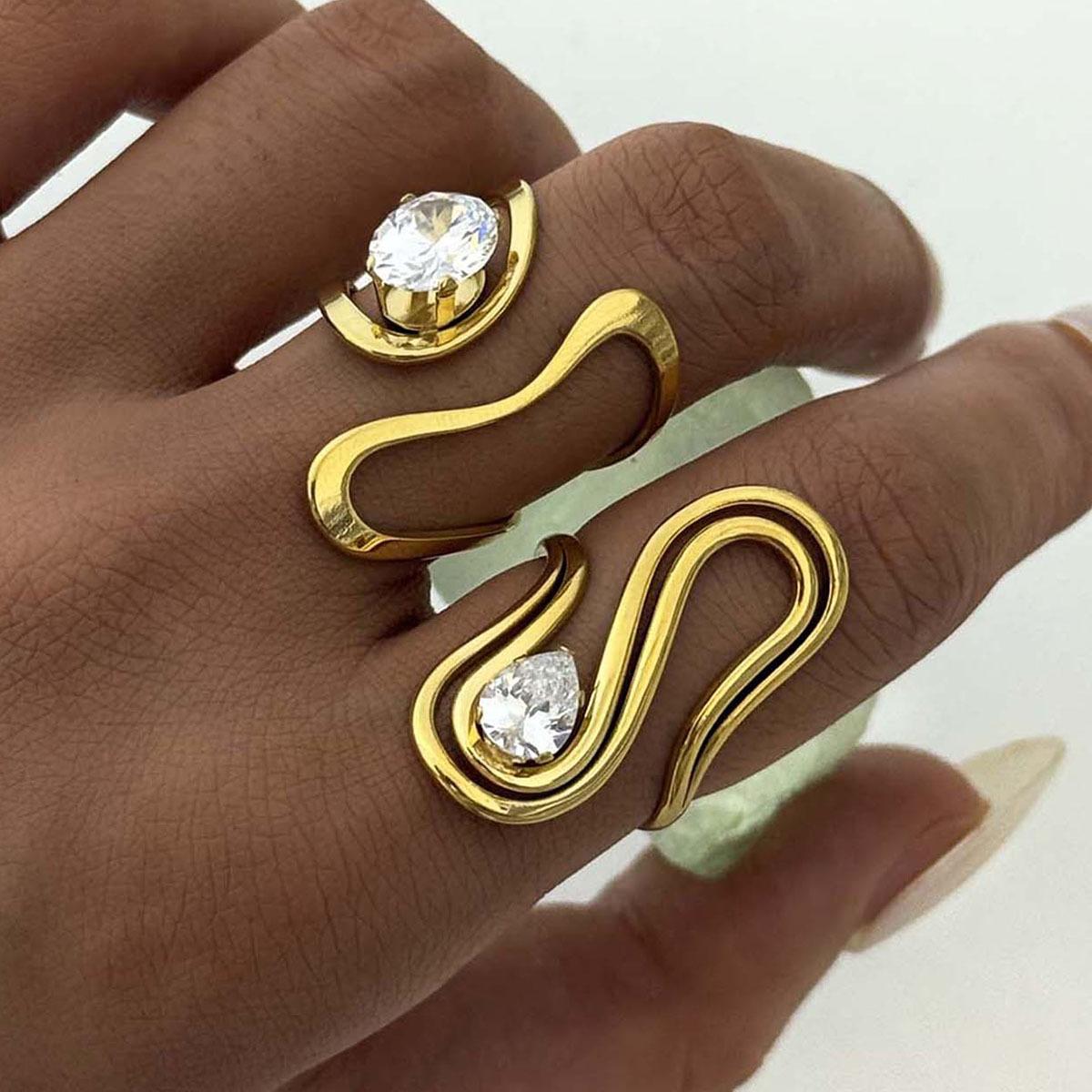 1pc 18K Gold Plated Geometric Line Zircon Open Ring for Women, Stainless Steel Adjustable Sleek Contemporary Jewelry, Dinner Date Holiday Gift for Girlfriend Bestie Gold-Plated Striped Couple Minimalist Stacking