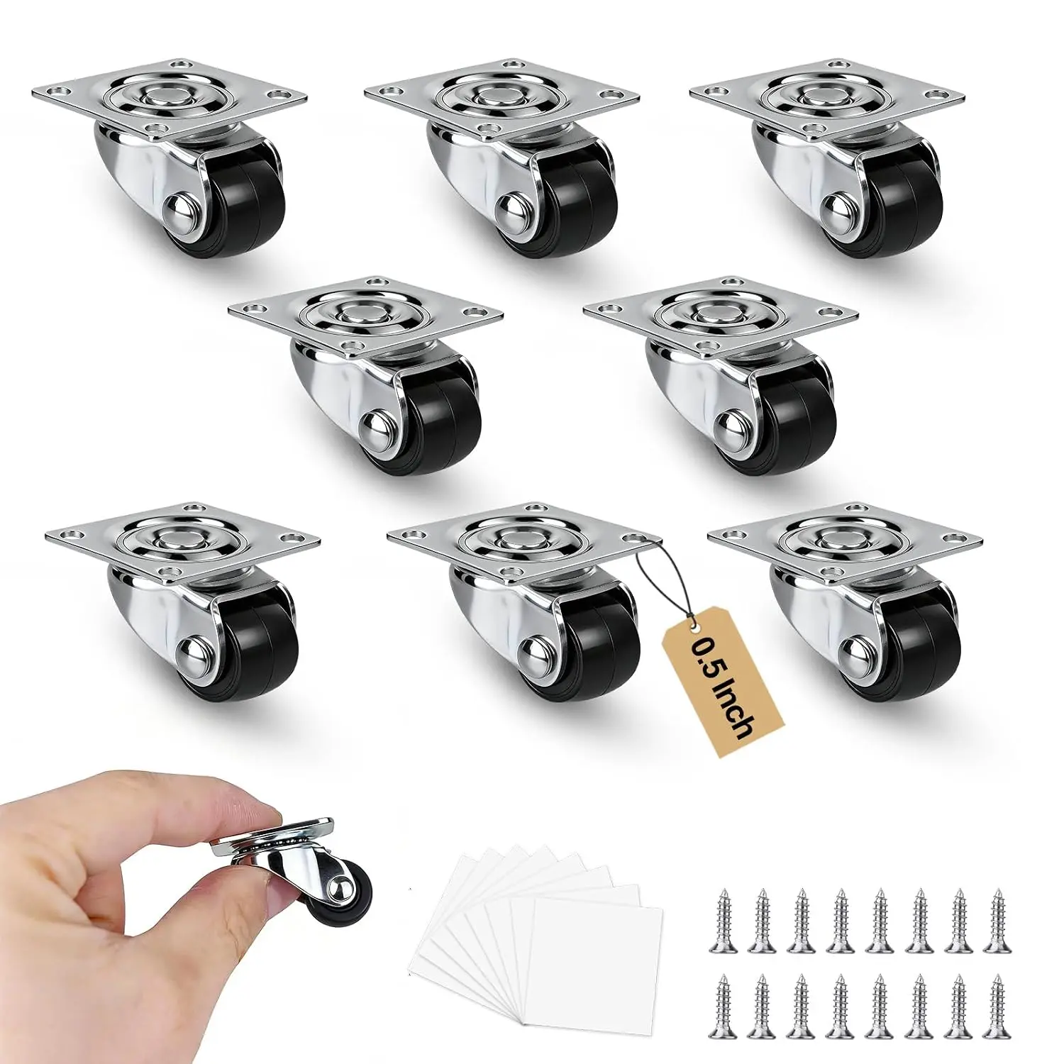 8 count Mini Caster Wheels 0.5 Inch, Low Profile Nylon  Swivel Casters, No-Floor Marks, Self Adhesive Square Plate Castor Wheels for Furniture, Small Appliances, Storage Bins, DIY Projects
