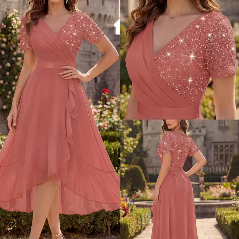 MIUSOL 54521A V-Neck Sequin Glitter Lace Floral Contrast Chiffon Ruffle Trim Hem Elegant Prom Party Evening Cocktail Swing Dress,For Wedding Guest, Dinner