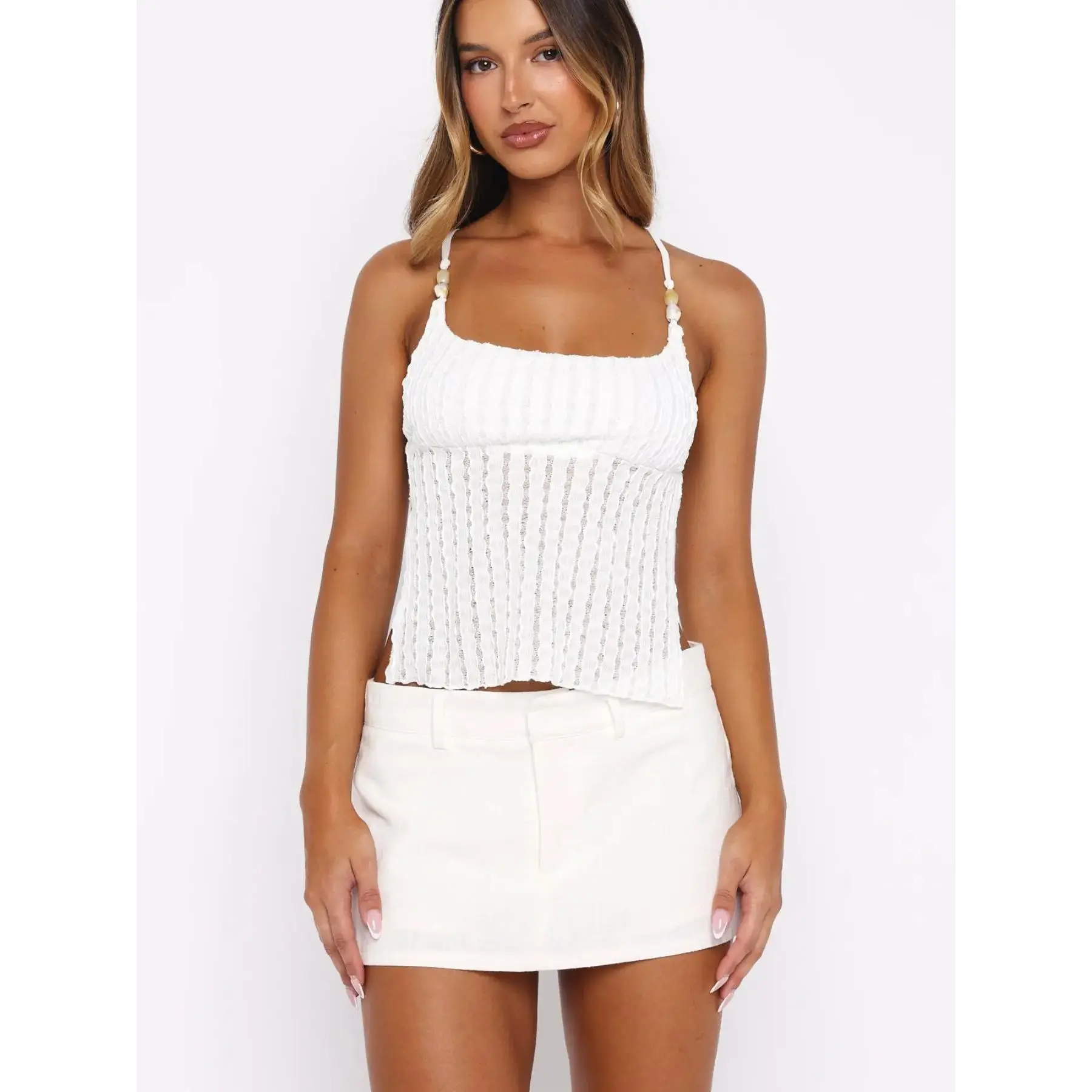 Pure Color Textured Hollow Out Backless Spaghetti Strap Top Casual Fitted Basic Sleeveless Shirt Cross-Back Design Comfortable Aesthetic Tops, Stretchy, Stylish, Modern, Classic, Lightweight