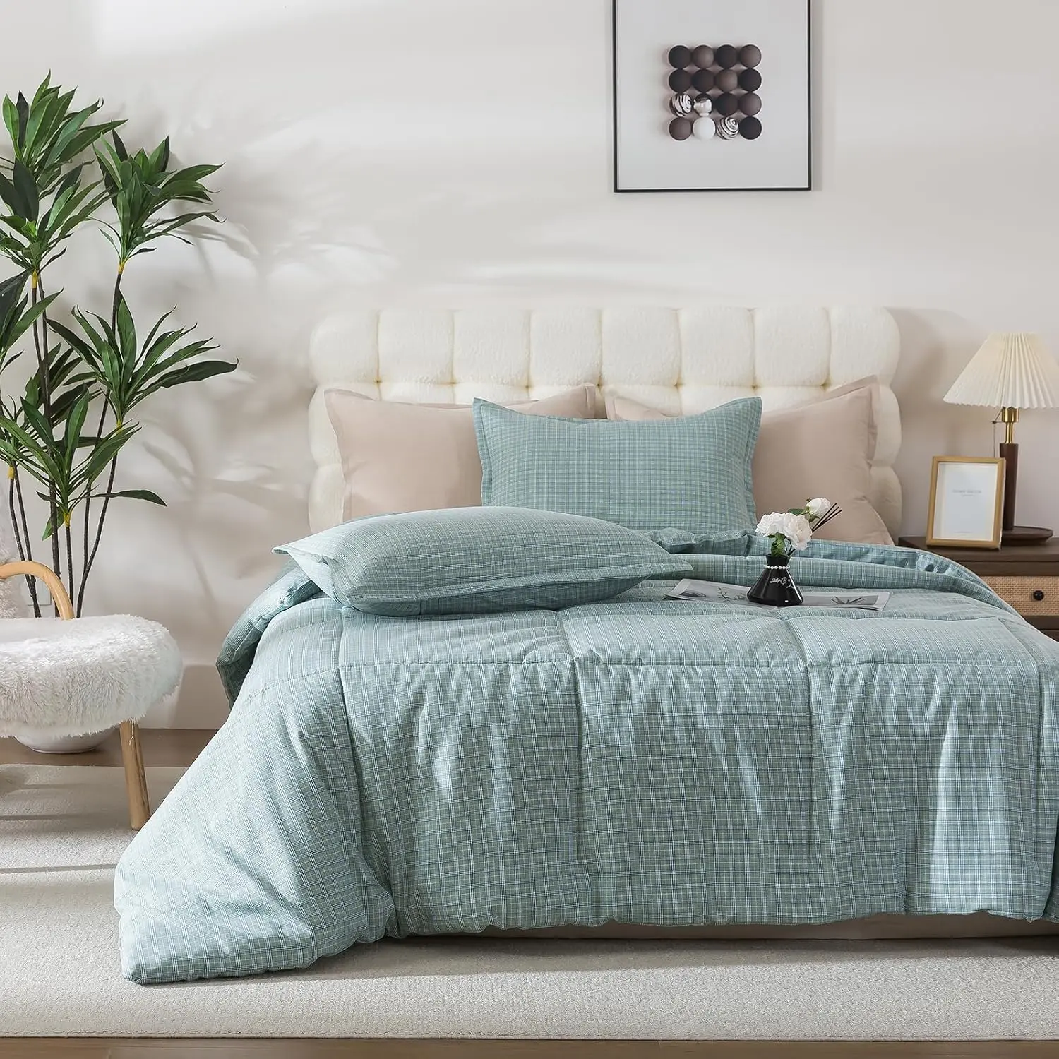 Washed Cotton Down-Fill King Comforter Set, Boho Farmhouse 3-Piece Bedding Set with Pillow Sham, Checkered Plaid Grid Pattern Soft Bedding