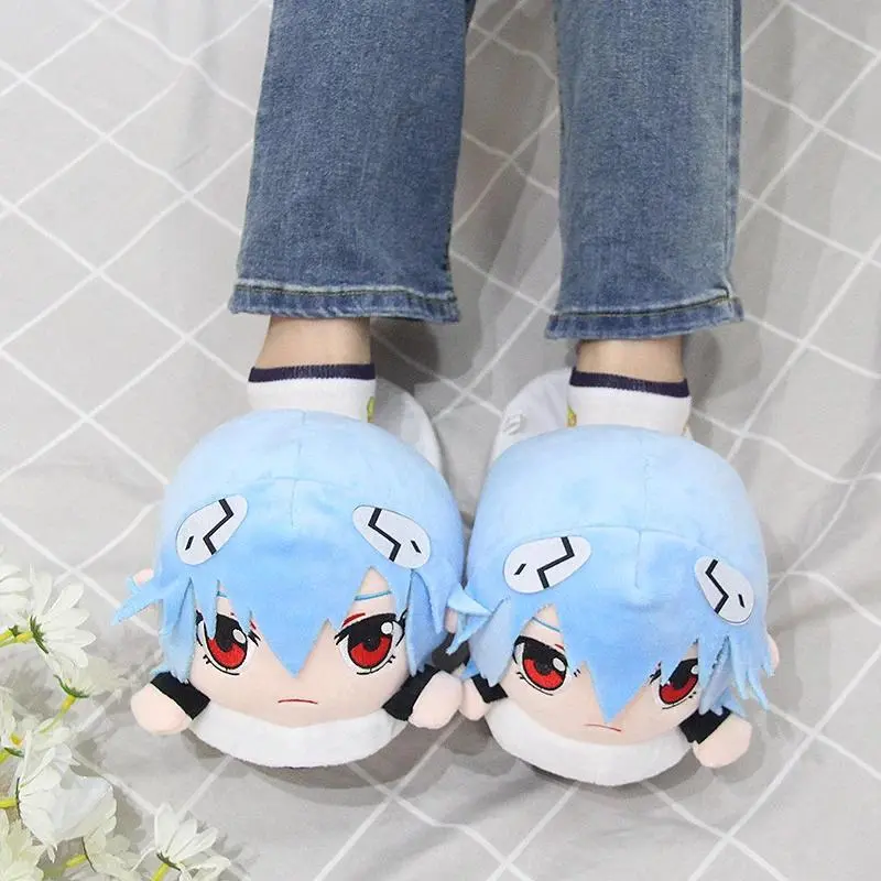 NEON GENESIS EVANGELION Ayanami Rei Slip-On Soft Plush Slippers, Cute Anime Cartoon Crystal Winter Warm Thick Fur Non-Slip Home Shoes, Party Festive Gift (Home Supplies)