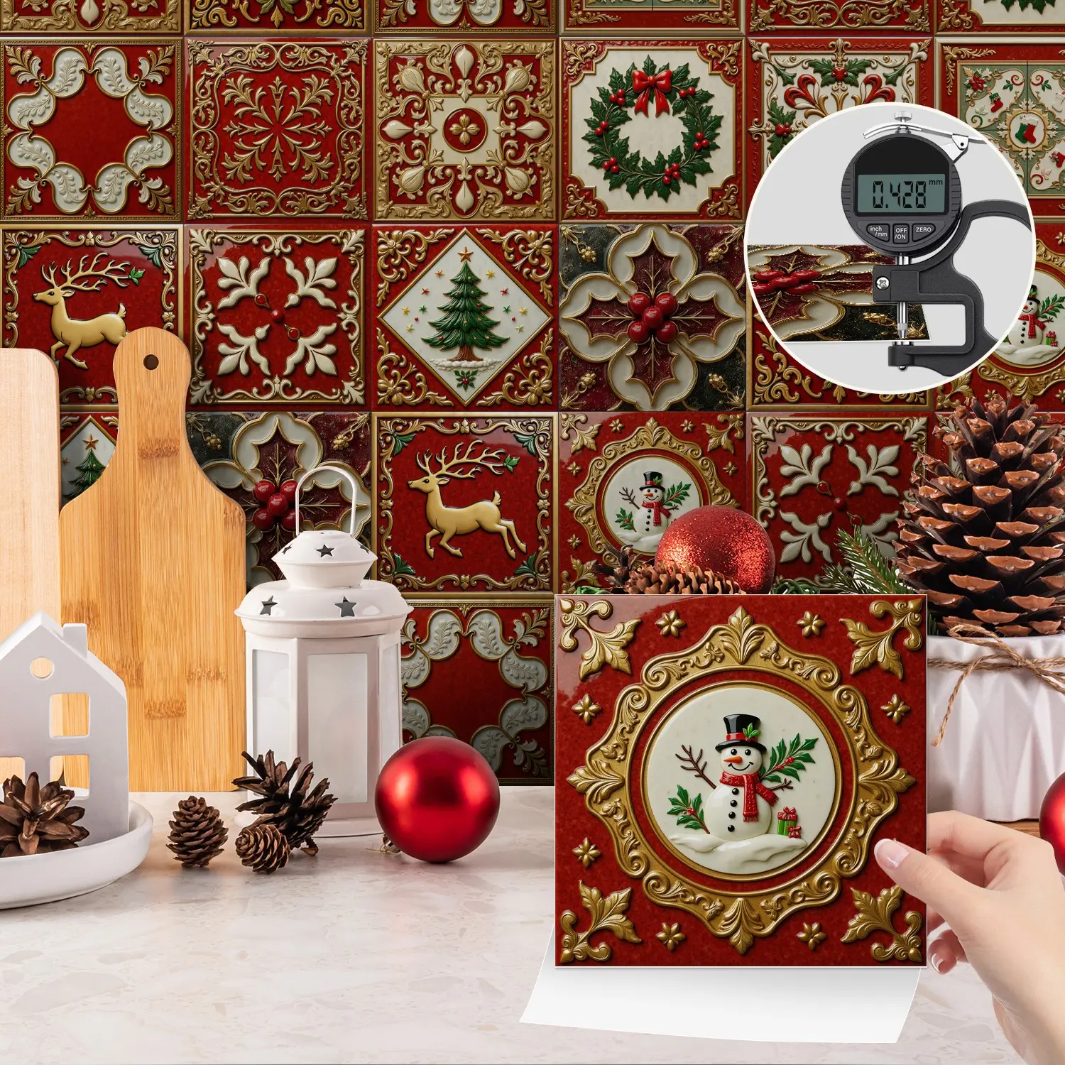 24PCS NHZ Vintage Embossed Snowman Tile Stickers, PVC Crystal Film, Glossy Self-Adhesive Removable No Residue, Easy Clean for Kitchen Bathroom Home Decor