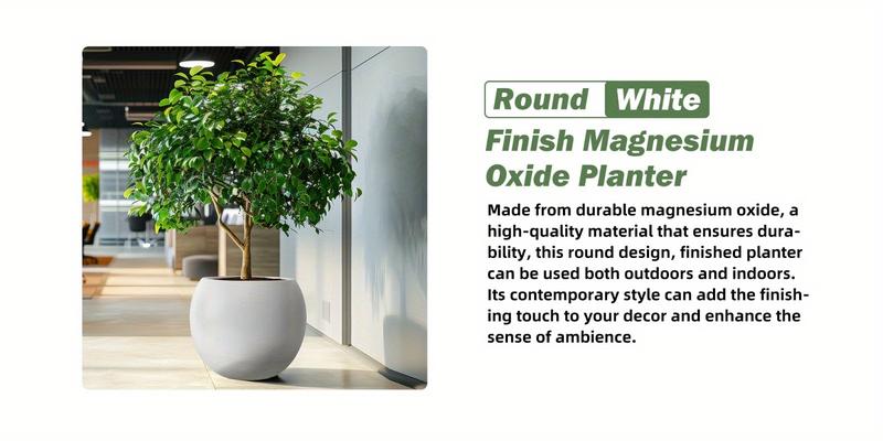 Modern Round Indoor Planters with Drainage Hole - White MgO Flower Pots, Large Size for Porch, Balcony & Indoor Areas
