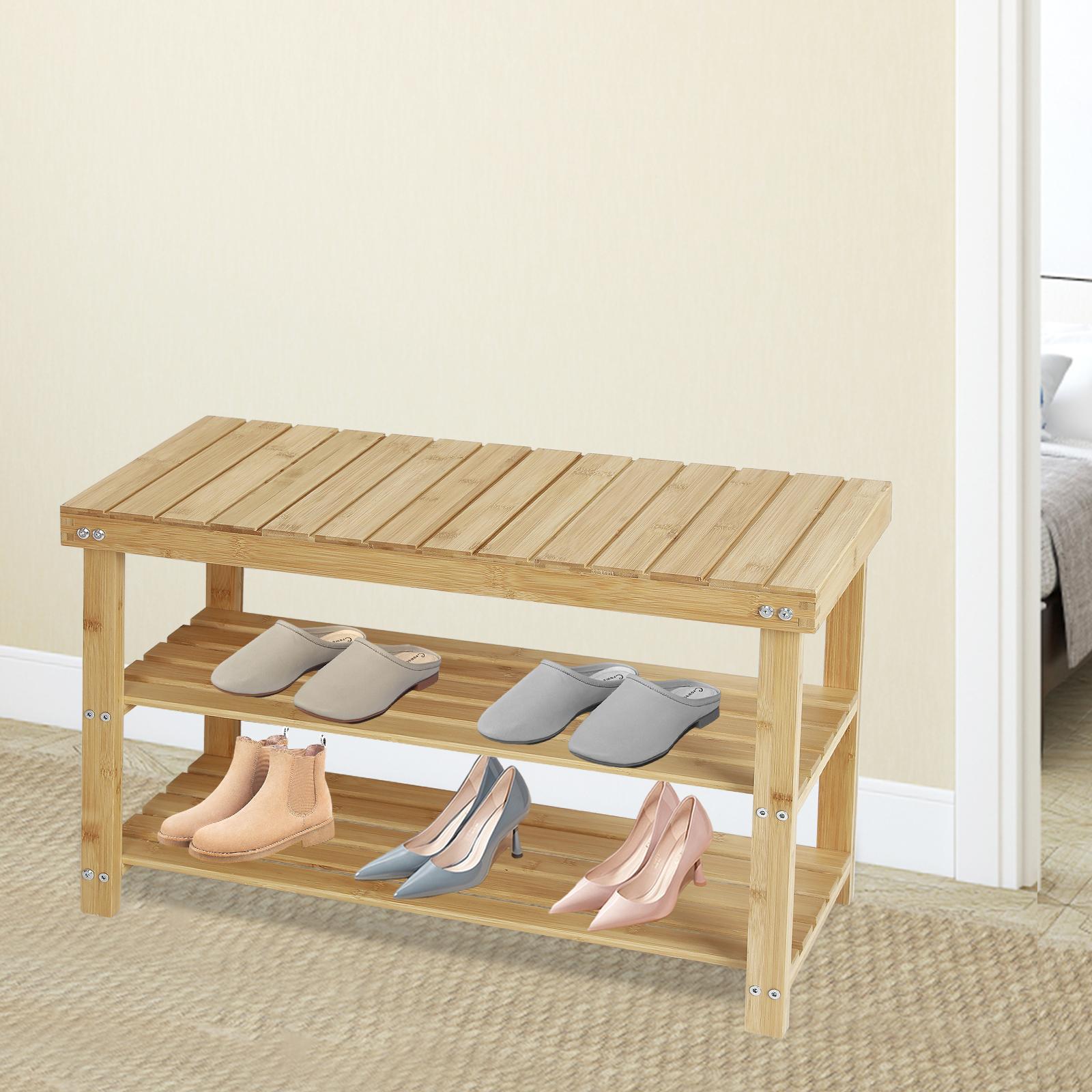 Hofitlead 27.5" Shoe Rack Solid Wood Shoe Bench, 3-Tier Shoe Organizer for Entryway Hallway(Light Brown) On-Site