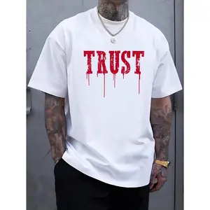 Trust Red Drip Blood Effect Distressed Bold Text Graphic Cotton Oversized Comfort White Men Streetwear T-Shirt, Minimal Grunge Urban Casual Outfit, Perfect Valentine Gift For Streetwear Lover Husband Teen Son Family Friends, Best Edgy Minimal Street Style