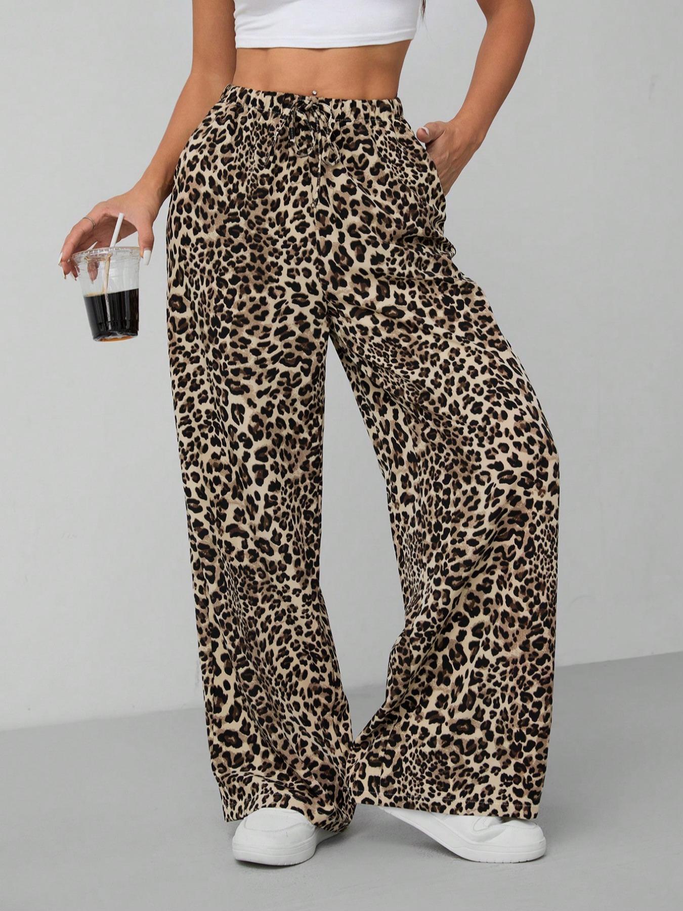 Women's Leopard Print Tie Front Pocket Wide Leg Pants, Casual Comfy Straight Leg Trousers for Daily Wear, Ladies Bottoms for All Seasons, Womenswear