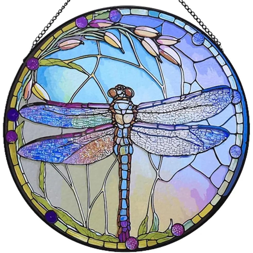 12 Inch Stained Glass Window Hanging, Large Dragonfly Suncatcher, Stained Glass Window Suncatcher, Dragonfly Home Wall Art Decor for Indoor/Outdoor, Hand Colorful Panel Sun Catcher, Gift for Mom