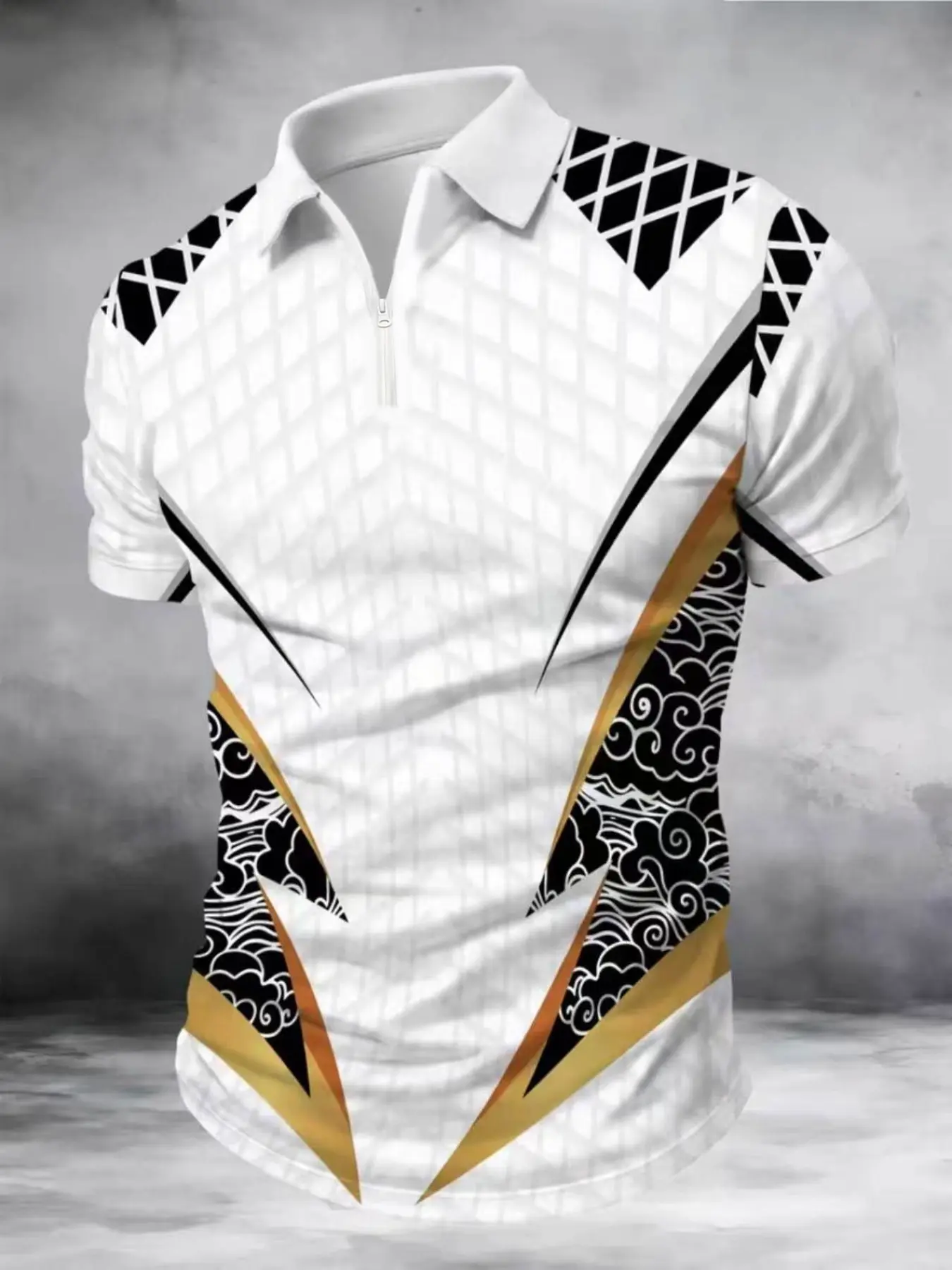 Men's Fashion Lapel Short Sleeve Shirt, Geometric Pattern Patchwork Design, Casual Daily Wear, Comfortable Breathable Polo Top, Polo Shirts