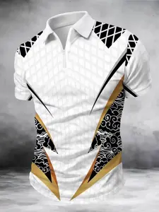 Men's Fashion Lapel Short Sleeve Shirt, Geometric Pattern Patchwork Design, Casual Daily Wear, Comfortable Breathable Polo Top