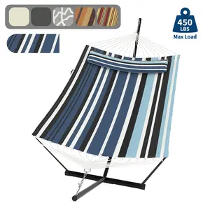 2 Person Outdoor Hammock with Stand, Double Hammock Equipped with Pillow, Max 450 Lbs Load Capacity & Balance Rope, Large Hammock for Patio, Backyard and Poolside