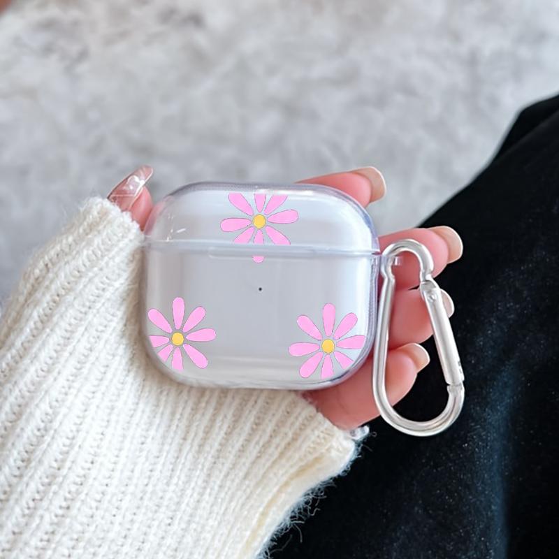 Pink Petal Pattern Pattern Protective Case for AirPods 4/3/2/1/Pro/Pro2 Soft TPU Earphone Cover, Transparent with Keychain
