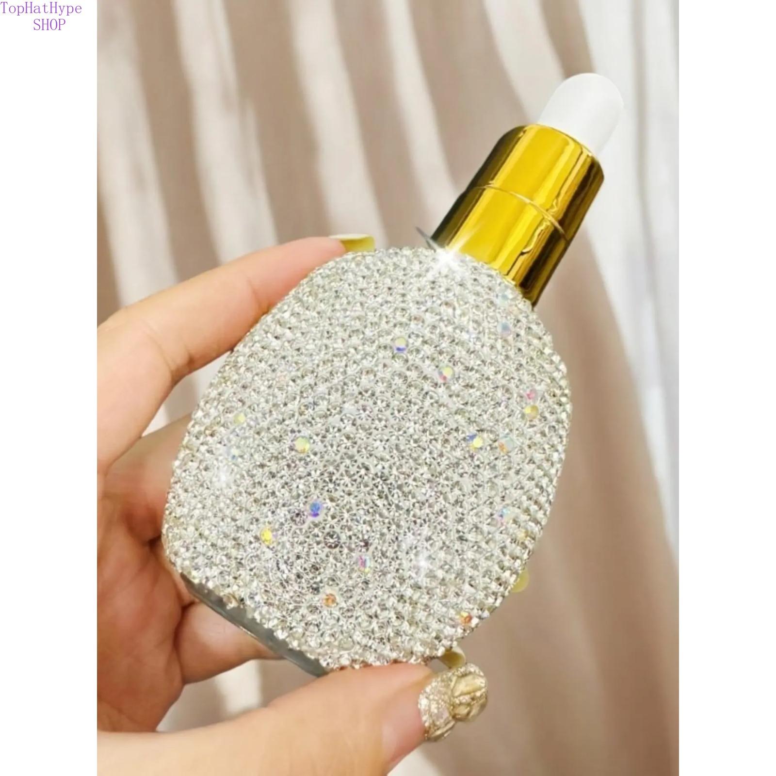 30ml Bling Rhinestone Flat Essential Oil Bottle, Luxury Thick-Glass Dropper Bottle with Rubber Bulb, Refillable Empty Container for Serum Lotion, Portable Leak-Proof Skincare Accessory for Travel Daily Use & Gifting