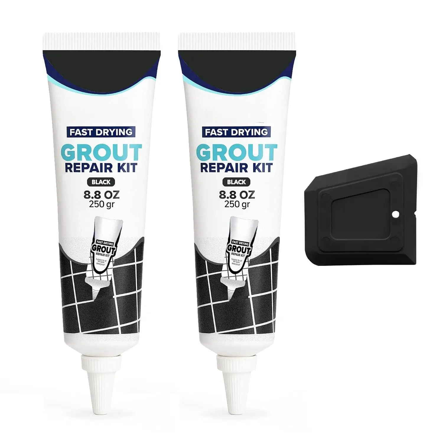 Premixed Tile Grout Repair Kit 2 Pack - Black  Sanded Grout Filler for Bathroom, Shower, Kitchen Tile Water-Resistant Tubes with Applicator,  Drying,  (2 x 250g / 17.6oz)
