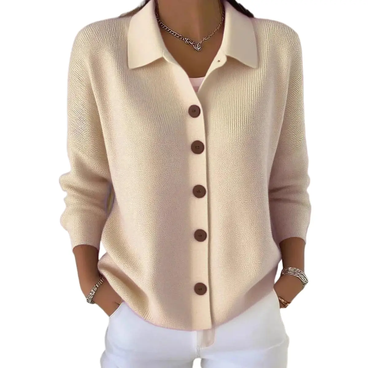 Women’s Minimalist Solid Collared Knit Cardigan - Button-Front Relaxed Long-Sleeve Everyday Blouse Garment, Elegant Casual Fall-Winter Layering Top with Premium Fabric, Knitwear