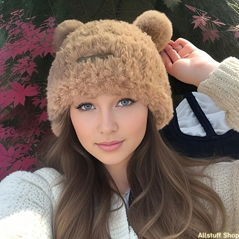Women's Cute Bear Ear Brimless Hat - Solid Fabric, Windproof, Comfortable Warm Ear Protection Travel Beanie for Sports & Outdoor Use