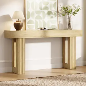63" L x 33" H x 12" D Fluted Console Table, Ribbed Entryway Table, Mid Century Modern Japandi Sofa Table Behind Couch, Chunky Wood Hallway Table for Living Room