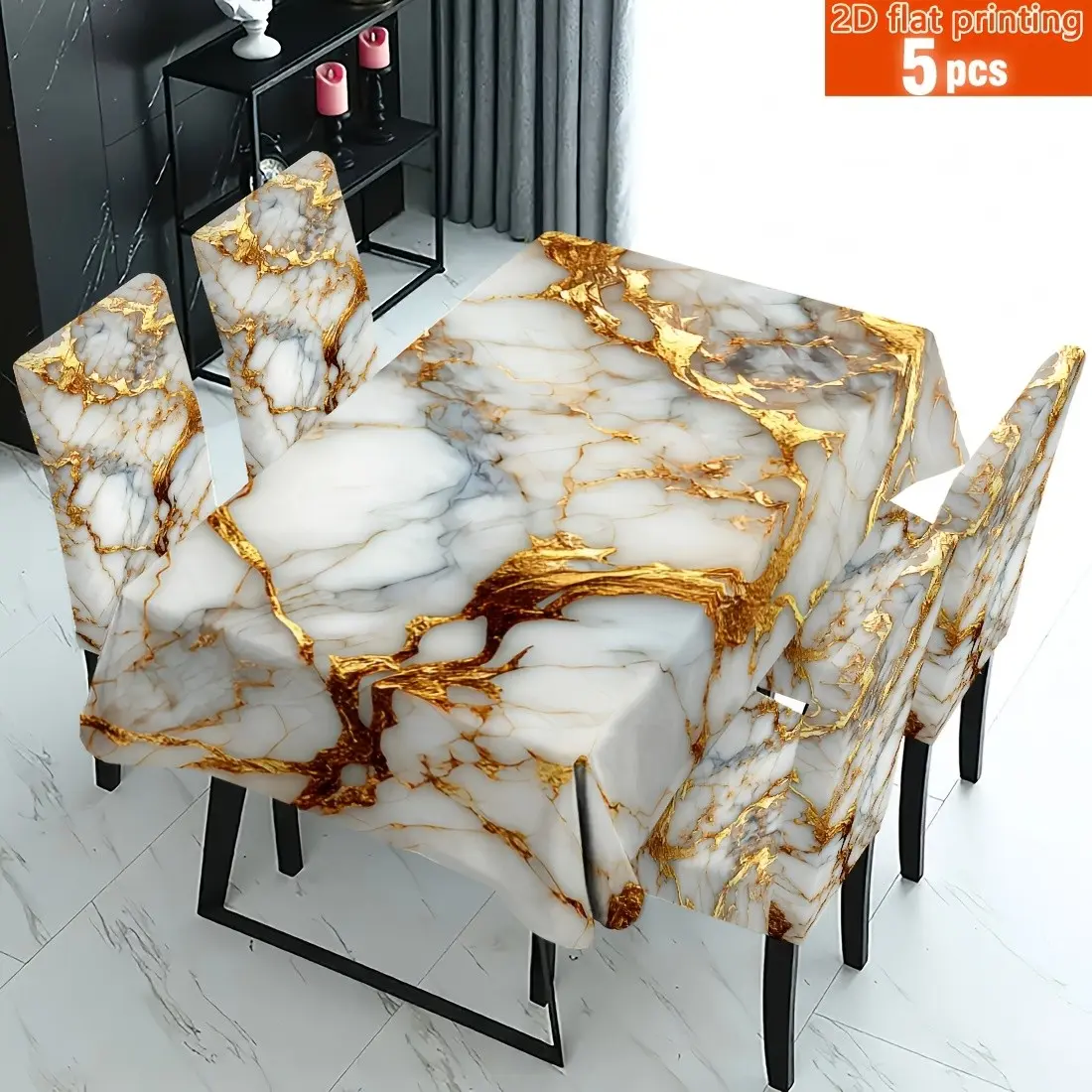 5pcs/7pc Marble Texture Tablecloth & Chair Covers, Kitchen Party Holiday Decor, Washable Reusable, Indoor Outdoor Use, All Seasons