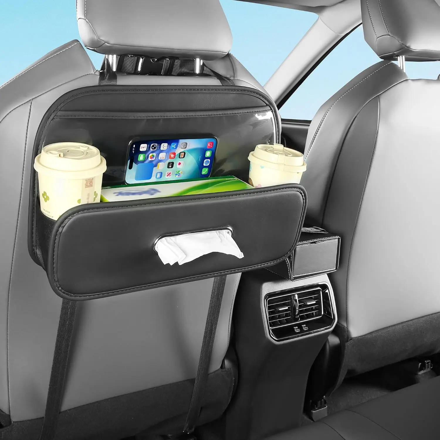 Seat  Organizer with Tissue Holder and 2 Pack Cup Holders | Multifunctional  Backseat Organizers and Storages with Transparent Bag & Hooks  Tissues Box for SUV Sedan Van