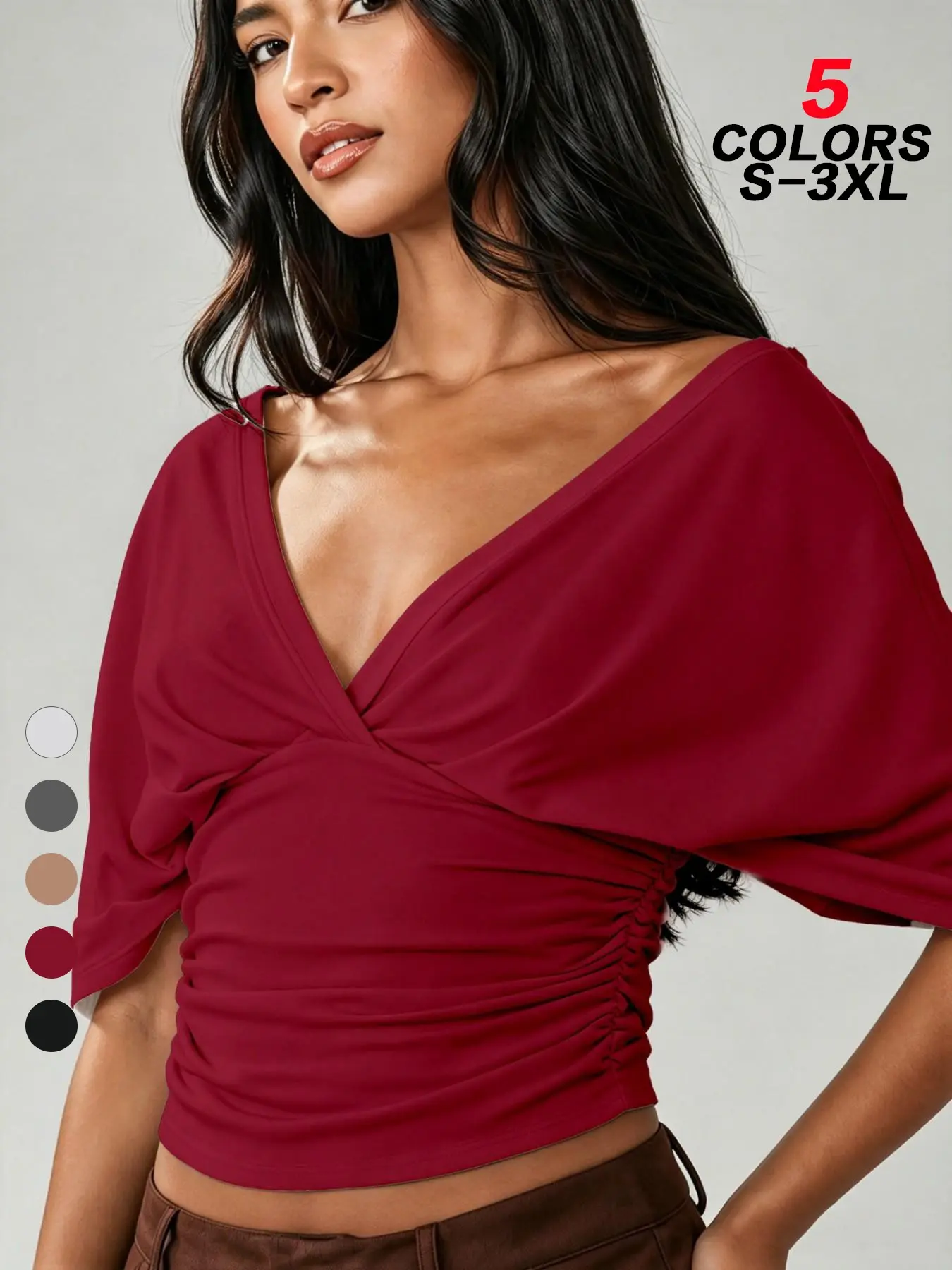 2026 Women's All Occasion Casual Y2K Crop Top Deep V Off Shoulder Batwing Sleeve Side Ruched Slim Fit Sexy Blouse for Date Night Club Party Music Festival Concert Girls Night