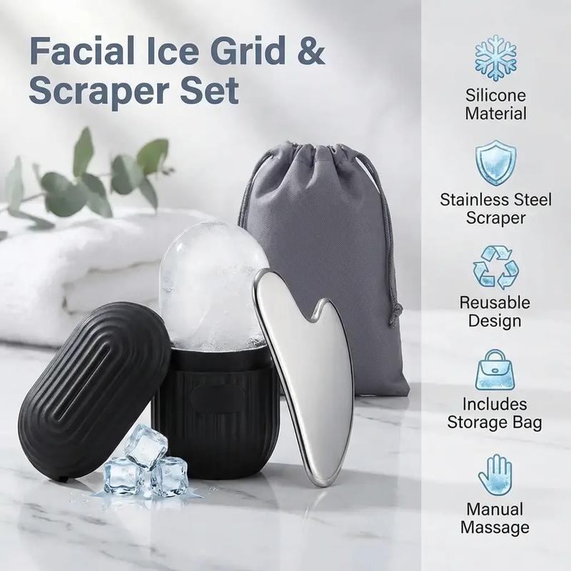 Silicone Facial Ice Mold, Ice Roller and Stainless Steel Gua Sha Tool Set with Storage Bag, 2 Counts/set Reusable Facial Care Tools, Manual Massage Supplies, Skincare Products