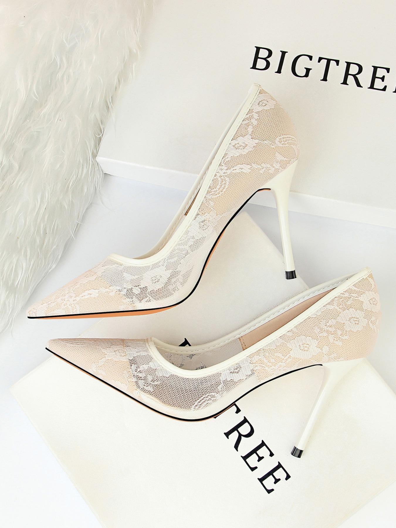 Women's Mesh Hollow Design with Contrast Lace Pointed Toe Stiletto Heeled, Stylish Elegant High Heeled Dress Formal Shoes for Party, Perfect Footwear for Outfit Matching, Wedding Party Shoes