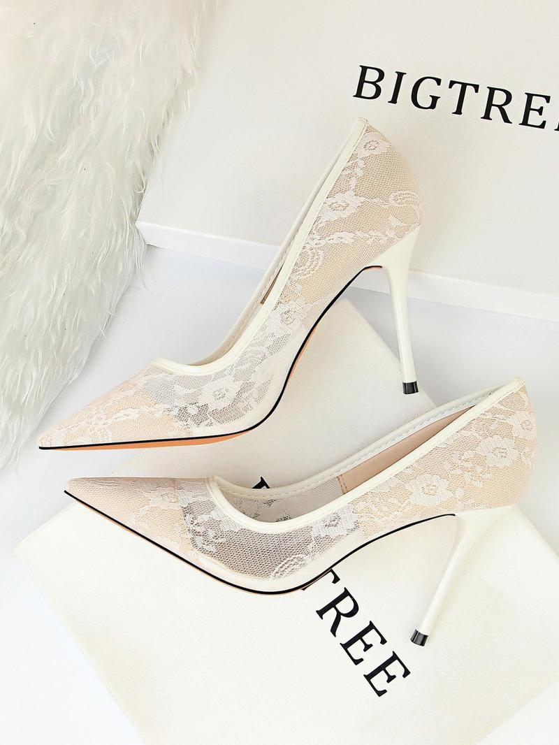 Women's Mesh Hollow Design with Contrast Lace Pointed Toe Stiletto Heeled, Stylish Elegant High Heeled Dress Formal Shoes for Party, Perfect Footwear for Outfit Matching, Wedding Party Shoes Women's Mesh Hollow Design with Contrast Lace Pointed Toe Stiletto Heeled, Stylish Elegant High Heeled Dress Formal Shoes for Party, Perfect Footwear for Outfit Matching, Wedding Party Shoes
