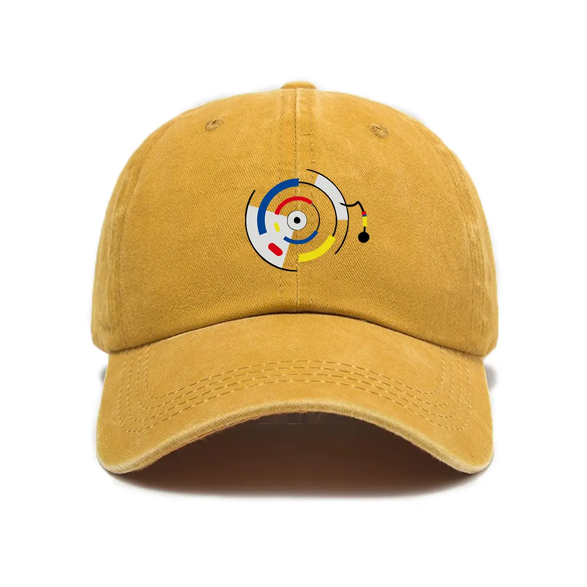 Unisex Vintage Mustard Yellow Washed Cotton Trucker Hat - Abstract Art Graphic Print, Adjustable, Summer Sun Shield, Trendy Streetwear Aesthetic, Casual Classic Headwear, Cool Gifts for Hats Enthusiasts