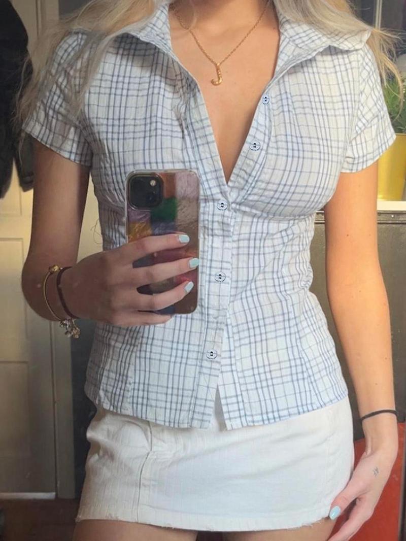 Women's Plaid Blouse Casual Button Front Slim-fitting Short Sleeve Collar Top for Summer, Women's Clothes for Daily Wear