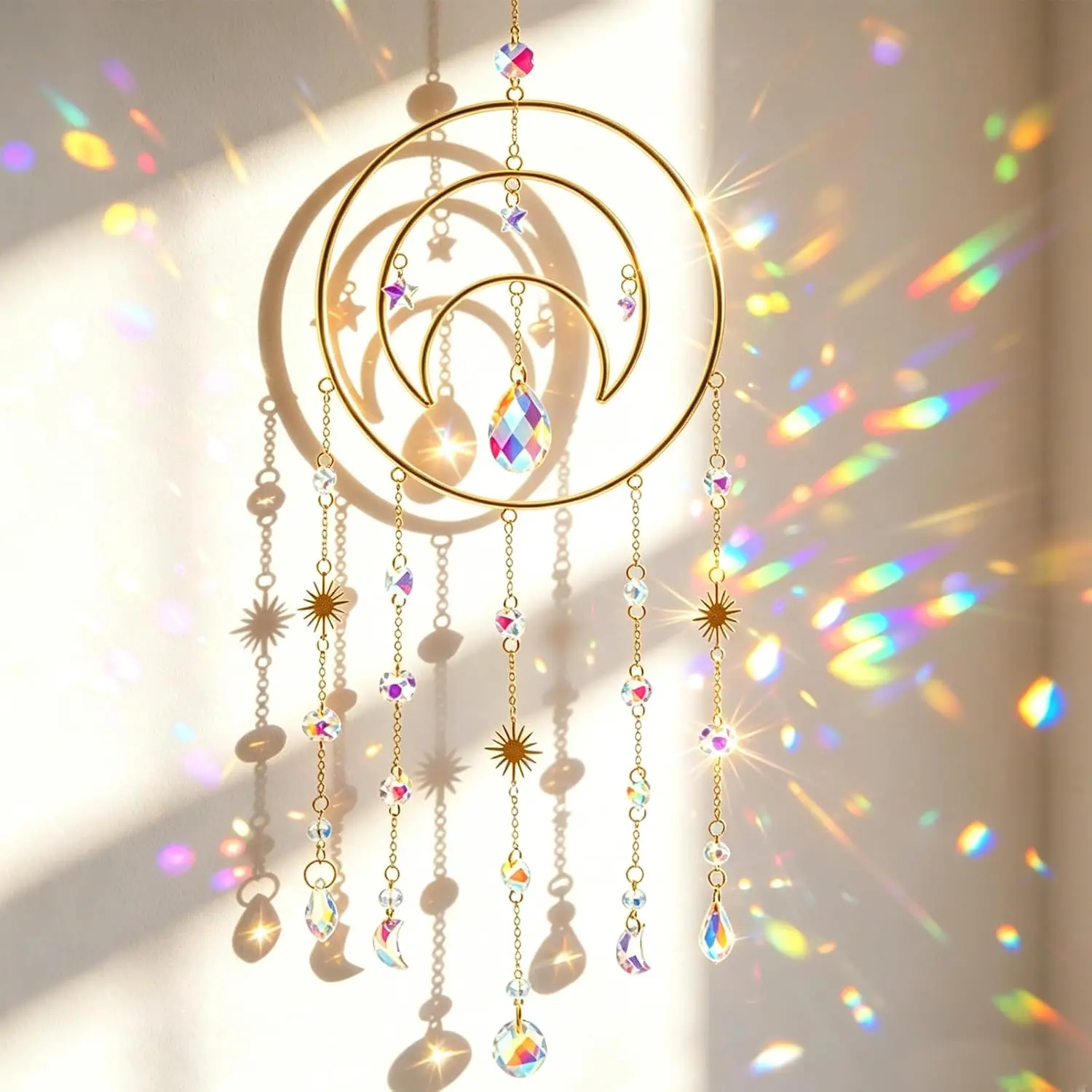 Charming  Moon Suncatcher, Boho Dream Catcher Ornament | Elegant  Prism Wind Chime Rainbow Maker Ornament for Window Christmas Garden   Decor