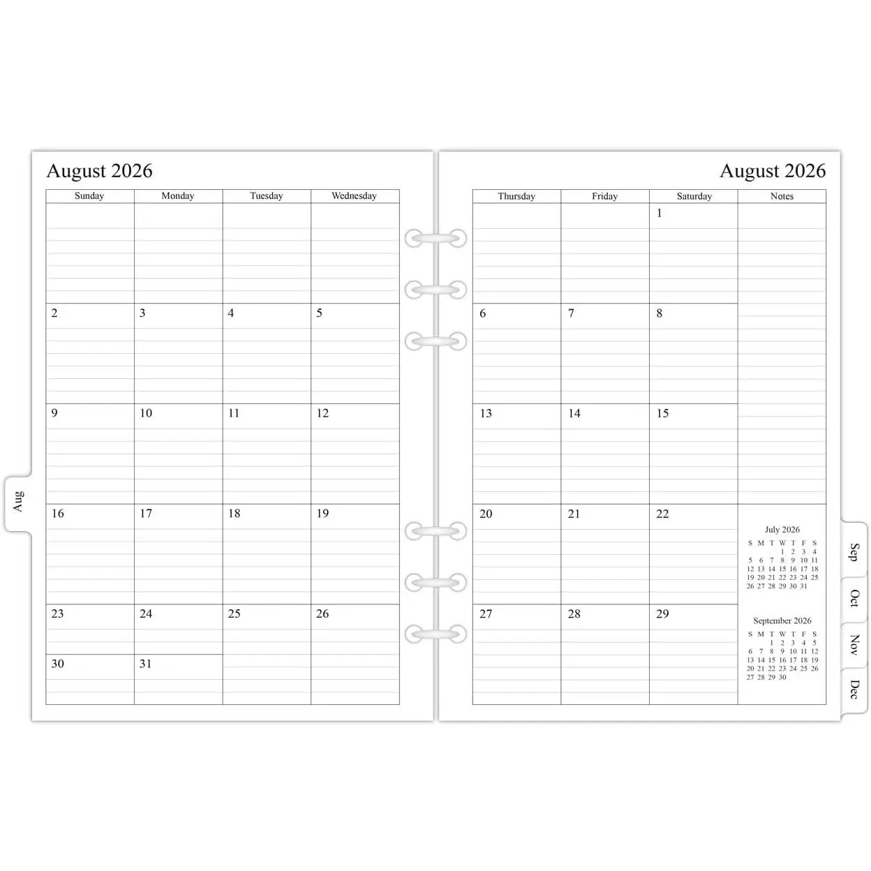 2026-2027 Monthly Planner Refills for A5 6-Ring Binder, Two Pages Per Month, Aug 2026 to Dec 2027, A5 Size, 6-Hole Punched