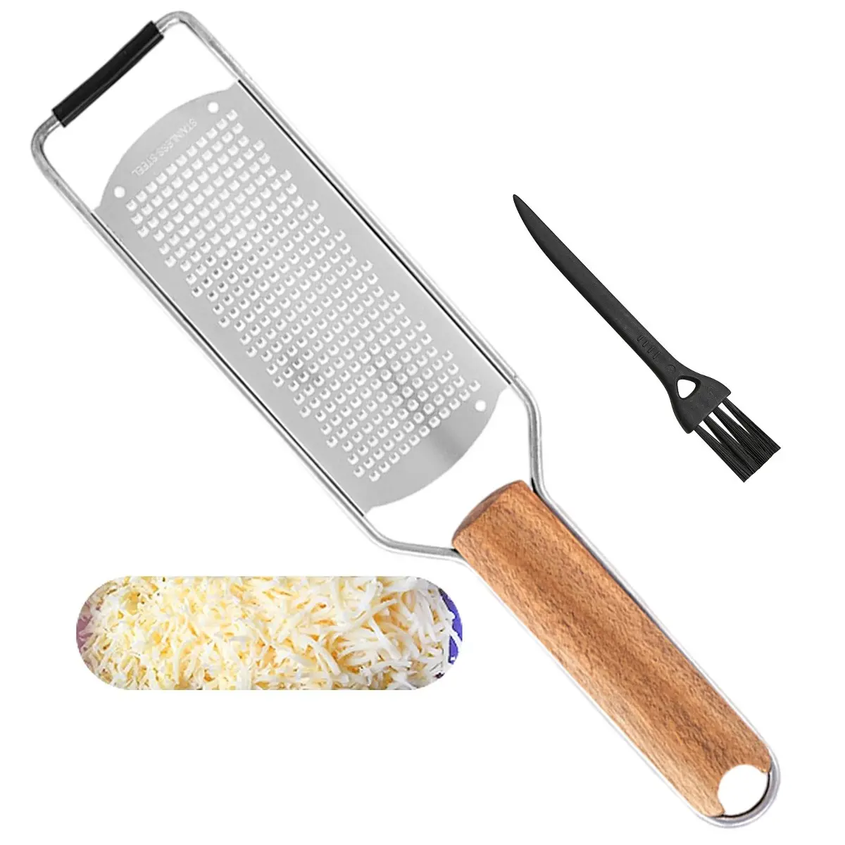 Professional Cheese Grater with Brush, Stainless Steel Handheld Zester, Wood Handle for Cheese, Chocolate, Spices, Kitchen Gadget, Fine Tooth