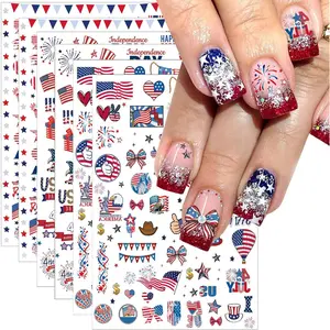 6pcs 4th of July Nail Stickers 3D Nail Decals Independence Day Nail Art Sticker for USA Flags Heart Star Stripe Letters Fireworks Nails Design Adhesive Sticker Patriotic Manicure Decorations for Women