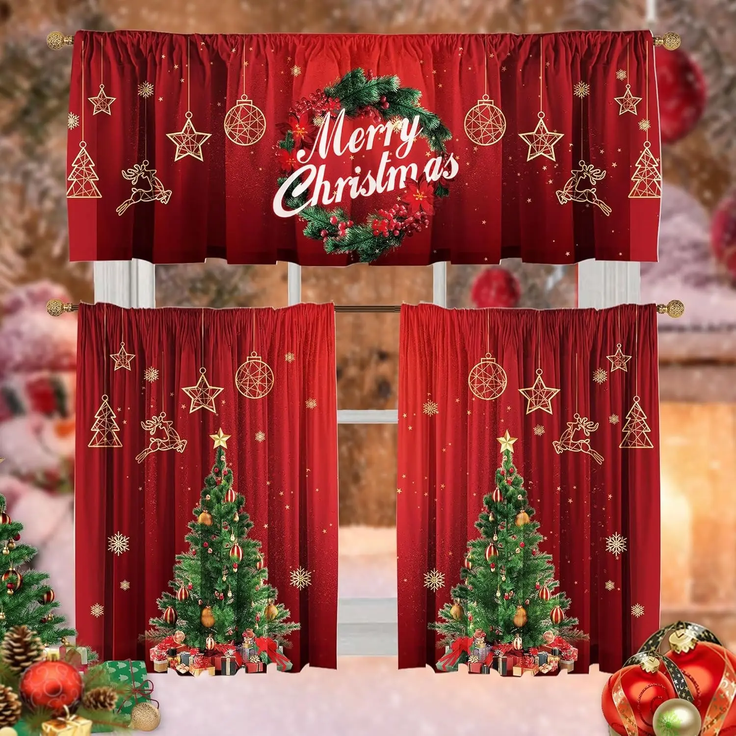 3pcs Christmas Kitchen Curtain Set, Gold Line Silhouette Wreath Pine Tree Gift Box Print Valance + 2 Short Sheer Panels, Semi Transparent Polyester Fabric Holiday Decor Window Curtain For Kitchen Bakery Small Windows Xmas Home Decor