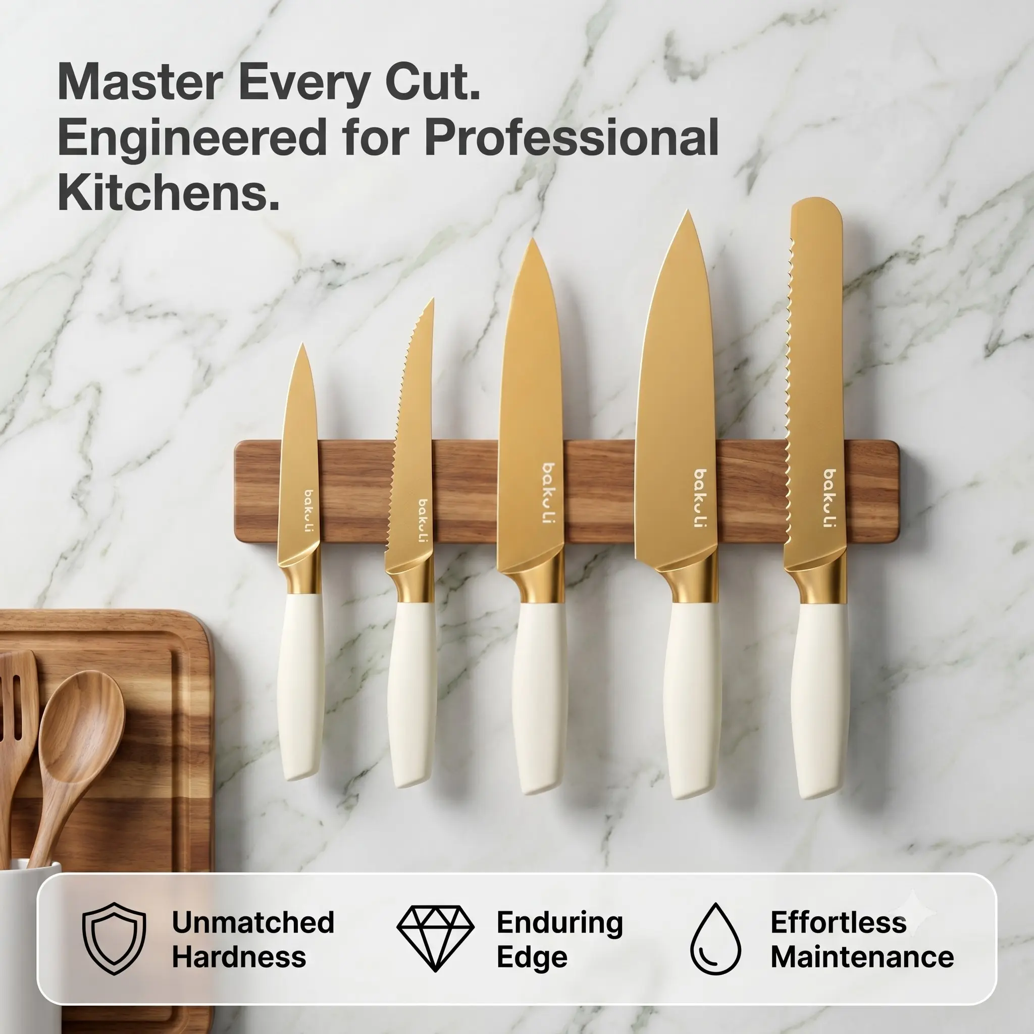 5-Piece Gold Kitchen Knife Set with Ergonomic Cream Handle–Ultra Sharp Stainless Steel Chef/Utility/Paring/Bread/Steak Knives with Protective Sheath, Non-Stick Blades, Cutting, Space-Saving Storage for Home Cooking, Restaurant, Ideal Gift for Men&Women