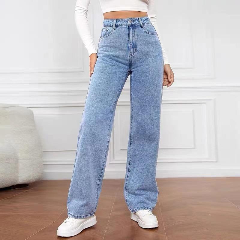 2025 High Rise Jeans for Women Wide Leg Stretchy Pants Straight Leg Loose Denim Tummy Control Trousers with Pockets Stretch Tights Waist