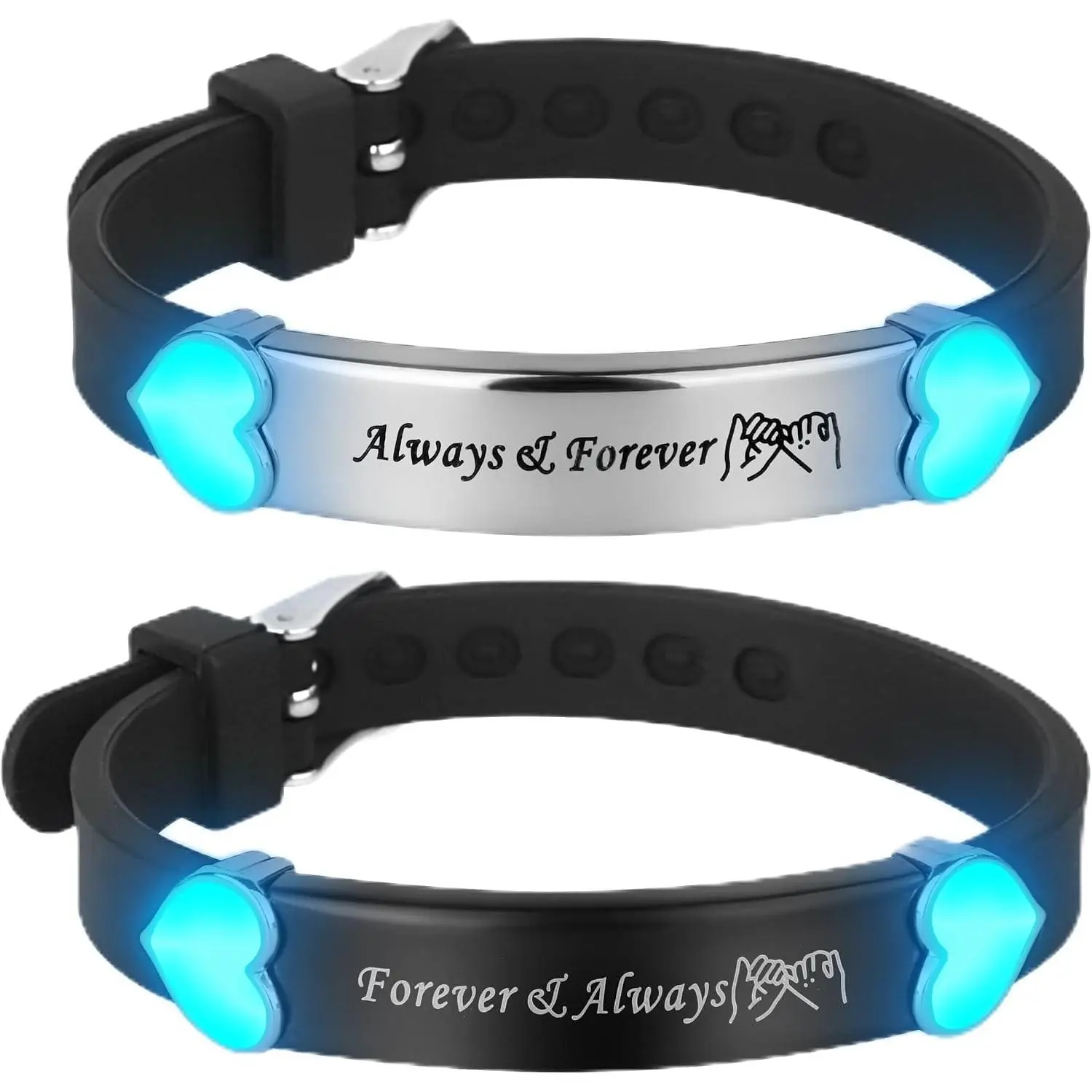 Set of 2 Modern Glowing Lights Stainless Steel Couple Bracelets, with 'Her' Engraving & Crown Symbol, Matching for Boyfriend-Girlfriend, Valentine’s Day Gift, Set Of Two