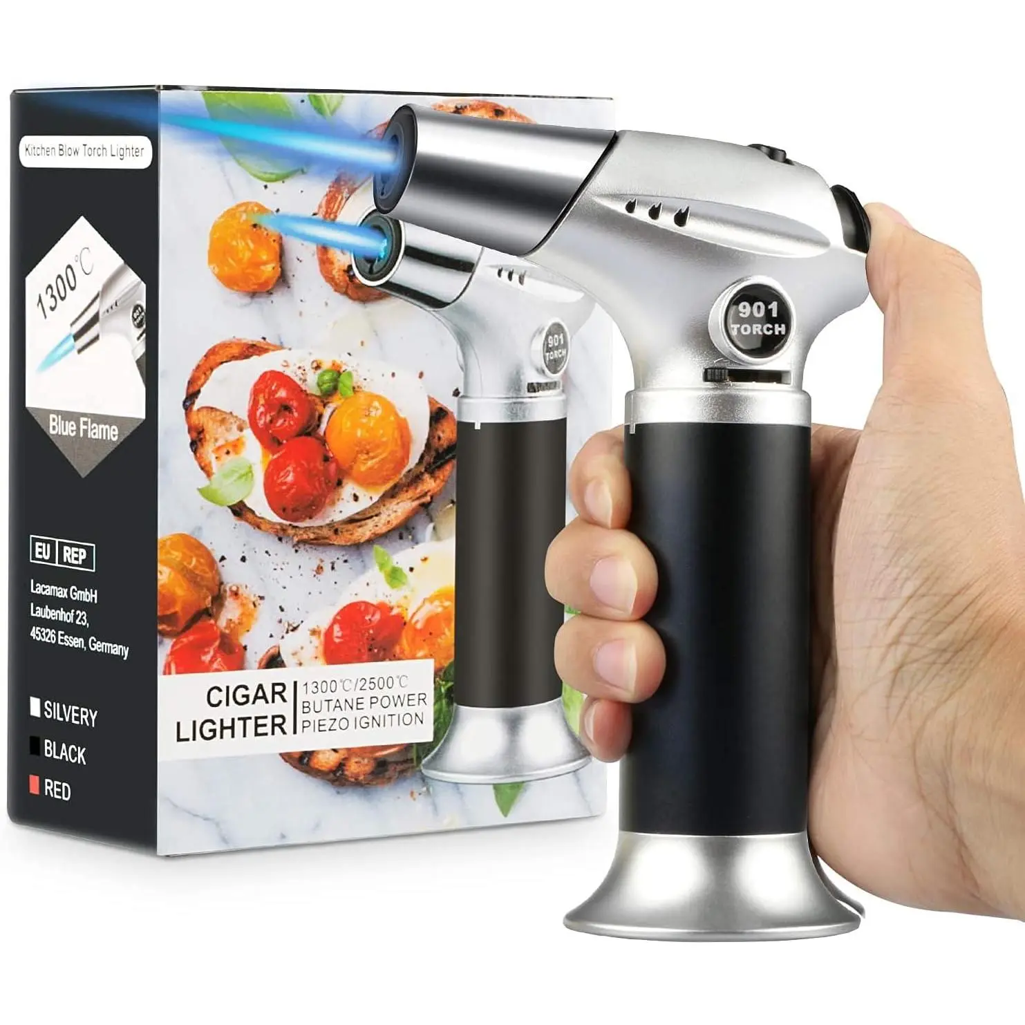 Blow Torch, Home-Grade Kitchen Cooking Torch with Lock Adjustable Flame Refillable Mini Blow Torch Lighter for BBQ, Baking, Brulee Creme,Light Cooking Tasks,DIY Soldering (Butane Gas Excluded)
