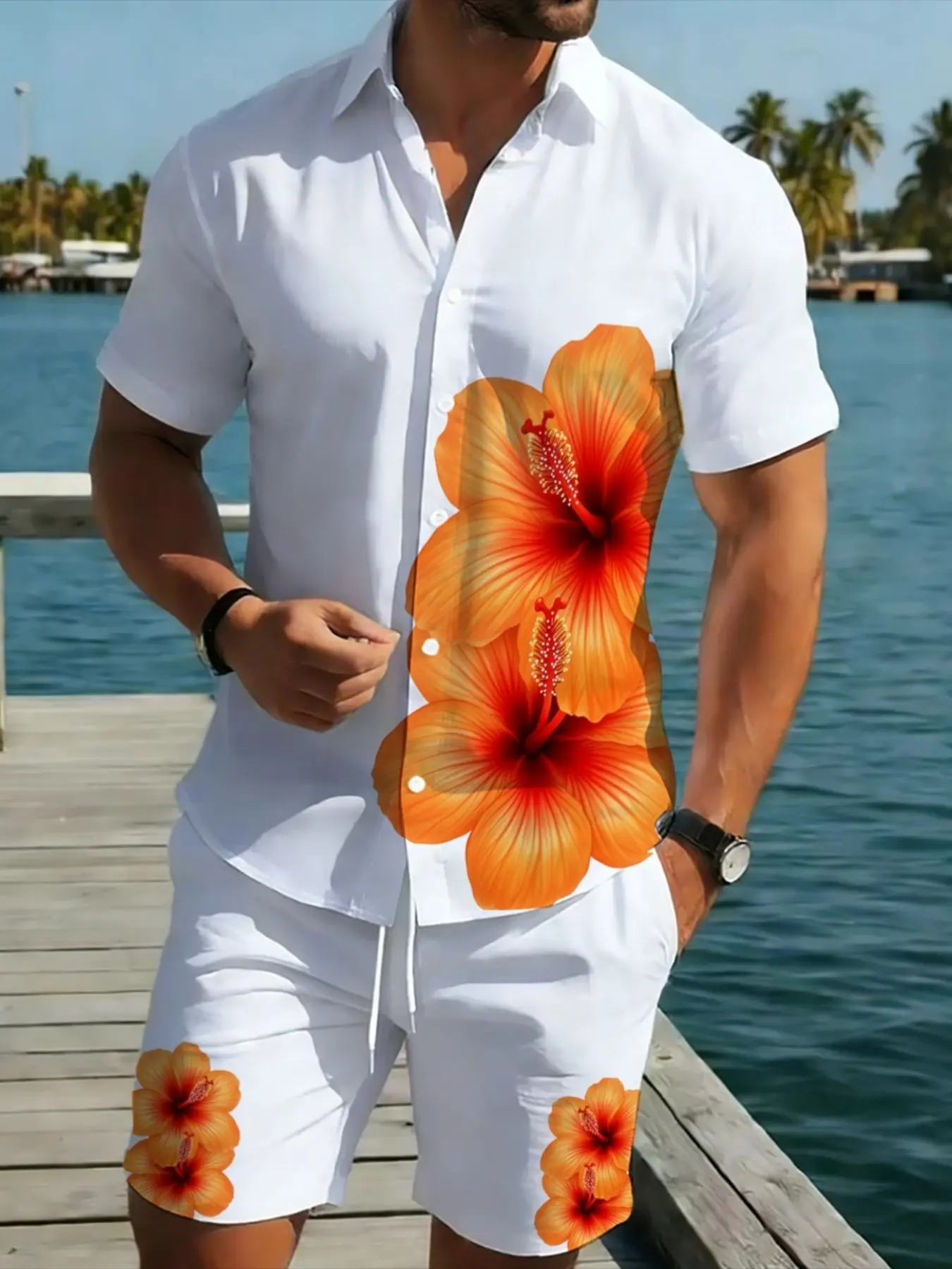 Men's Two-Piece Set, Short Sleeve Shirt and Shorts, Geometric, Lightweight Polyester, Tropical Summer Beachwear, Casual, Clothes